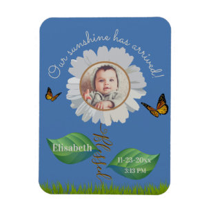 Imán Elegante Daisy Blue Floral Cute Baby Photo & Name