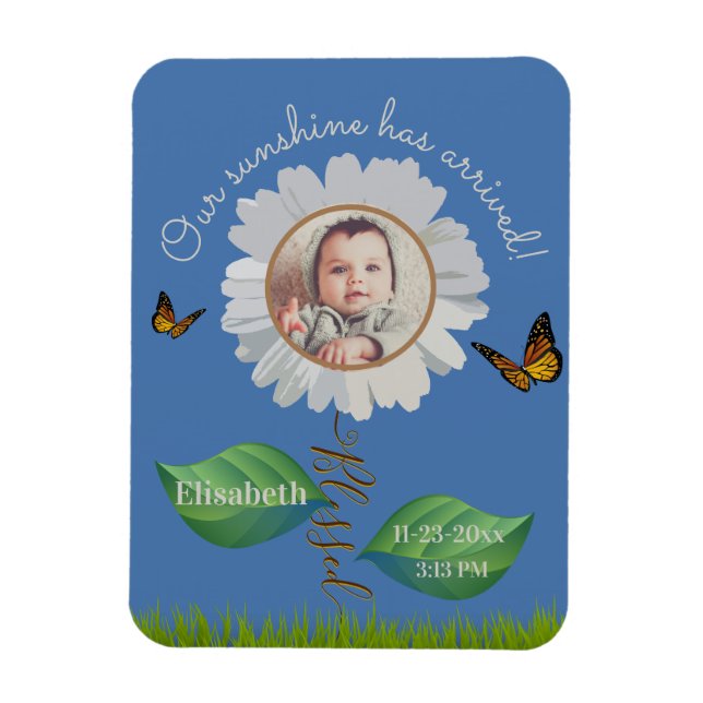 Imán Elegante Daisy Blue Floral Cute Baby Photo & Name (Vertical)