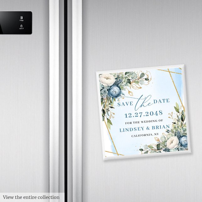 Imán elegante de eucalipto azul polvoriento para s (Elegant Dusty Blue Floral Gold Save The Date Magnet

)
