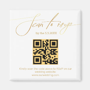Imán elegante escritura dorada código qr rsvp boda