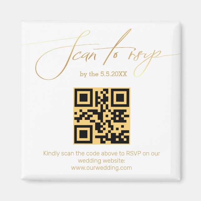 Imán elegante escritura dorada código qr rsvp boda (Frente)