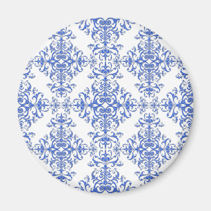 Imán Elegante estilo damask floral de cobalto azul y bl
