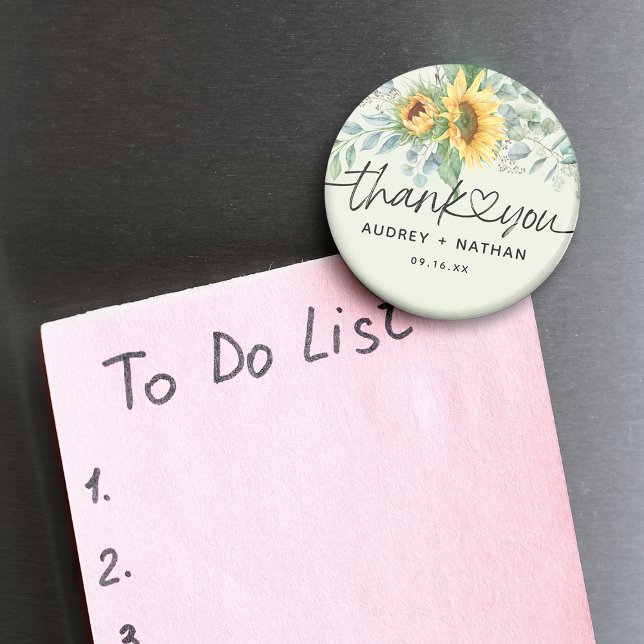 Imán Elegante Eucalipto De Girasol Gracias Boda (Elegant Sunflower Eucalyptus Thank You Wedding Magnet)