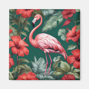 Imán Elegante Flamingo Hibiscus Flowers Emerald Green