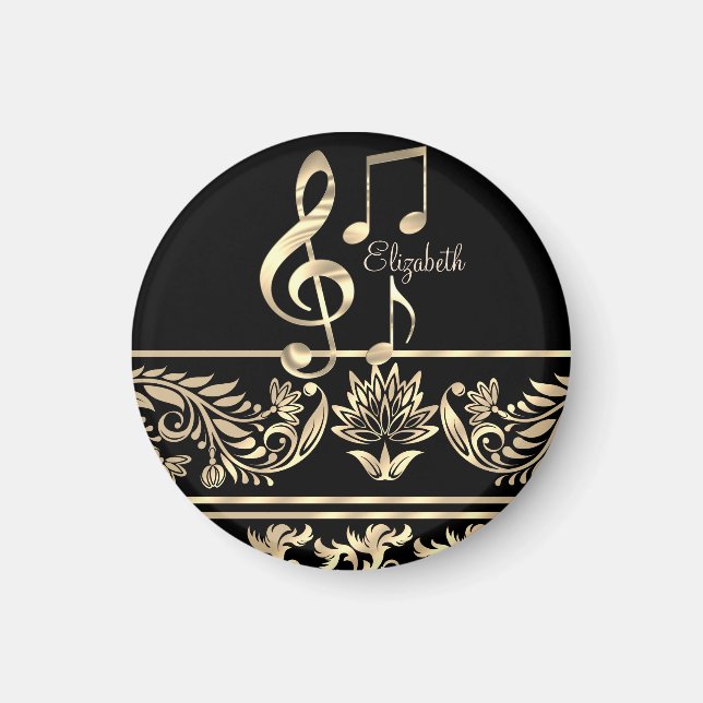 Imán Elegante Floral de Oro, Llave de Violín, Nota (Frente)