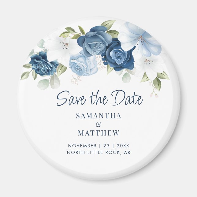Imán Elegante Floral Dusty Blue Save the Date (Frente)