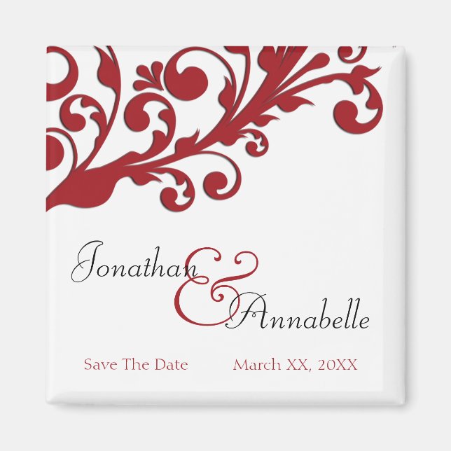 Imán Elegante Floral Rojo Save The Date (Frente)