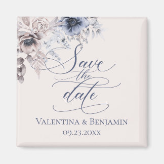 Imán Elegante floral Salve la fecha azul turbio beige