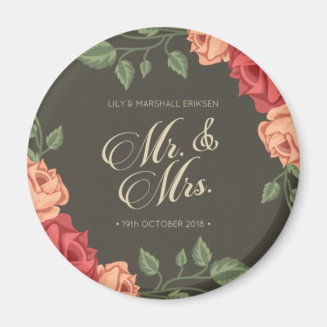 Imán Elegante Floral Sr. y Sra. Boda | Fridge Magnet (Frente)