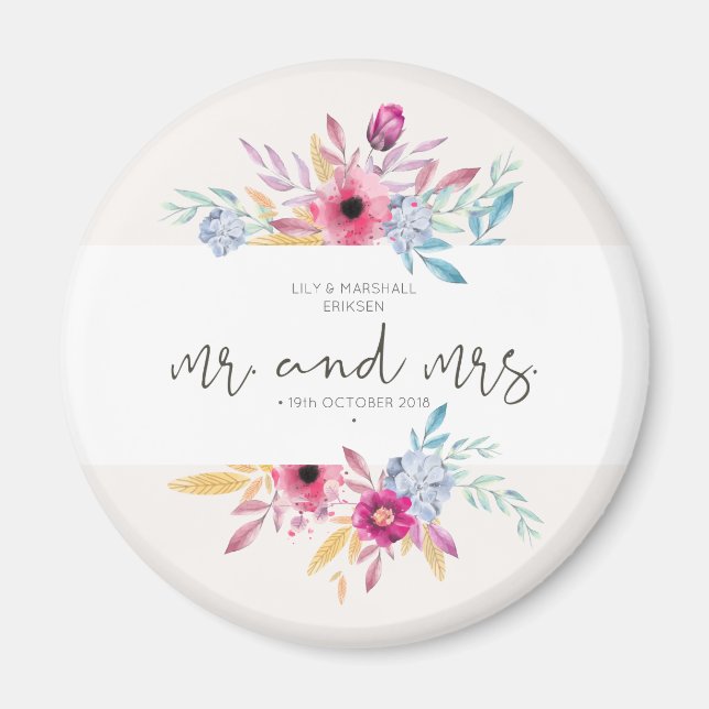 Imán Elegante Floral Sr. y Sra. Boda | Fridge Magnet (Frente)