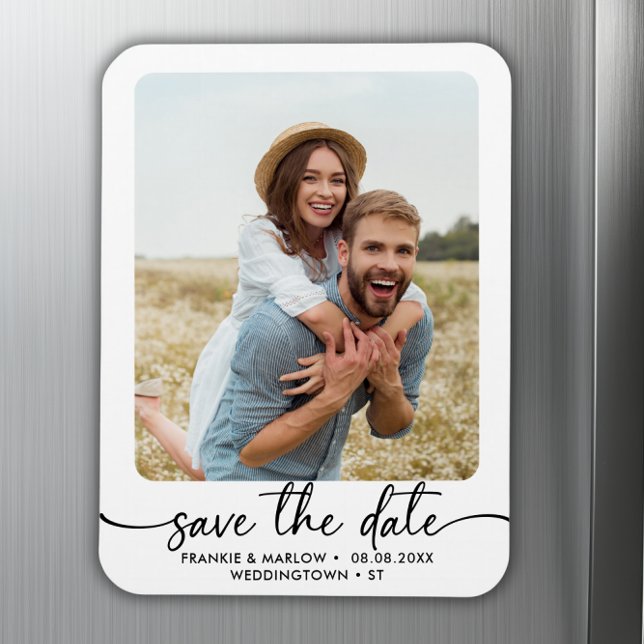 Imán Elegante Foto De Pareja De Caligrafía Guardar La F (Elegant Calligraphy Couple Photo Save The Date Magnet)