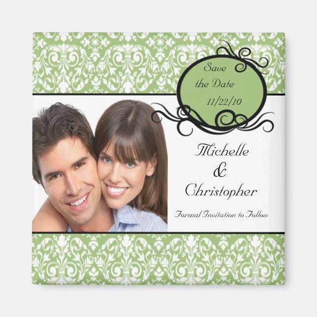 Imán Elegante Foto Verde De Damask Save The Date Magnet (Frente)