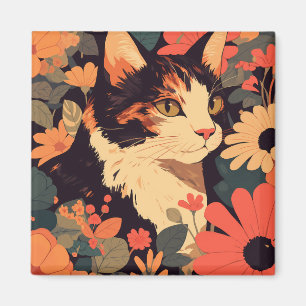 Imán Elegante gato calico en jardín floral