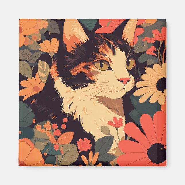Imán Elegante gato calico en jardín floral (Frente)