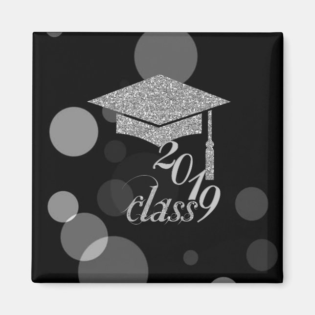 Imán Elegante gorra de graduación con brillo plateado,  (Frente)