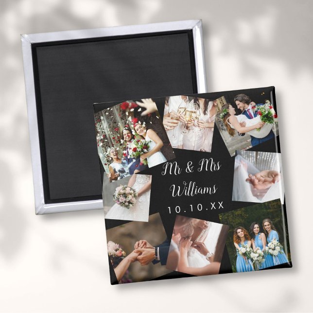 Imán Elegante guión Sr. Sra. Boda Collage de fotos Magn (Elegant Script Mr Mrs Wedding Photo Collage Magnet)