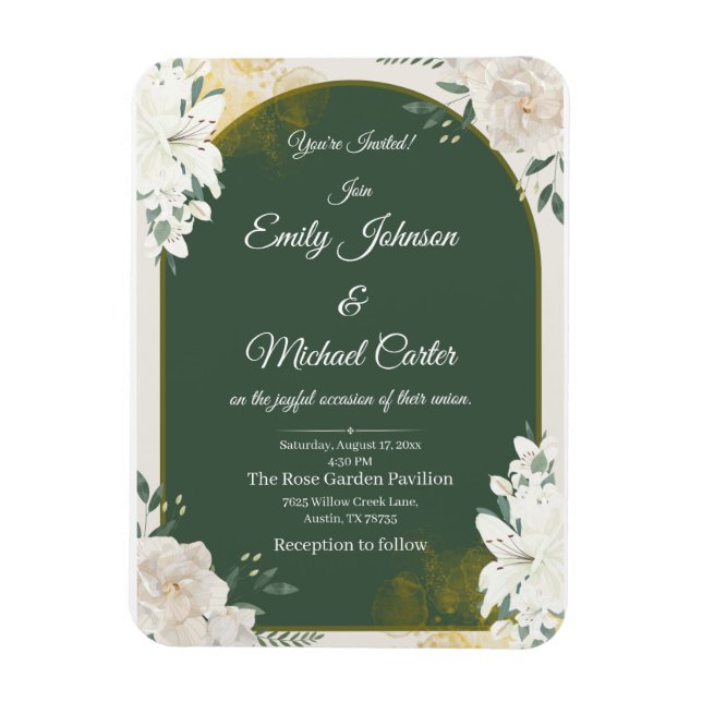 Imán Elegante invitación a la Boda Botánica Verde y Oro (Vertical)