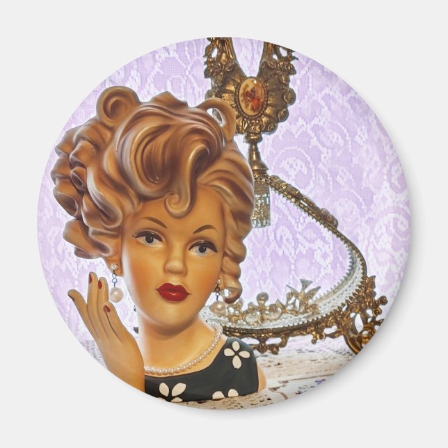 Imán Elegante Lady Head Vase Spiral Curls Vestido Flora (Frente)