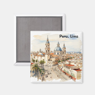 Imán Elegante Lima Perú Vista Panorámica Acuarela