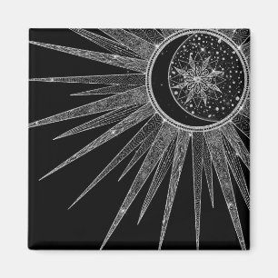 Imán Elegante luna de sol plateado Mandala Diseño negr