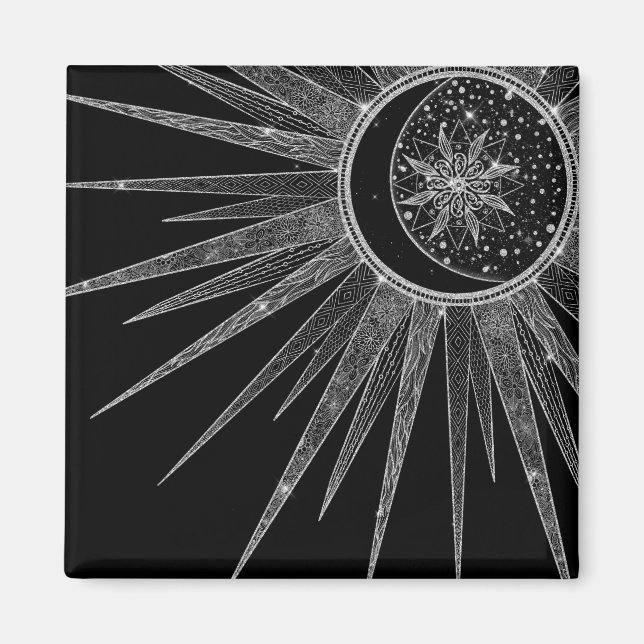 Imán Elegante luna de sol plateado Mandala Diseño negro (Frente)