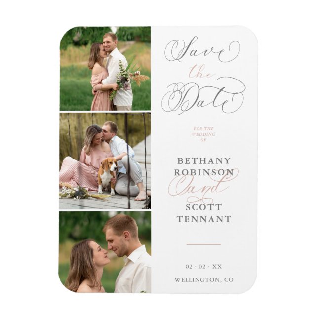 Imán Elegante Moda Rosa 3 Fotos Boda sofisticado (Vertical)