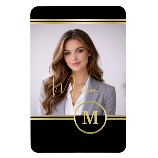 Imán Elegante Monograma de Firma de Oro con Foto (Vertical)