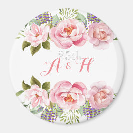 Imán Elegante Monograma de flor rosada 25.º Boda