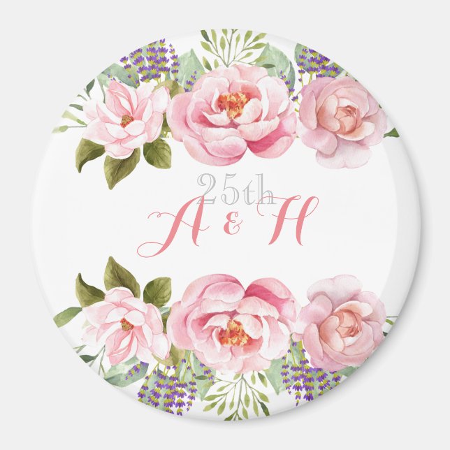 Imán Elegante Monograma de flor rosada 25.º Boda (Frente)