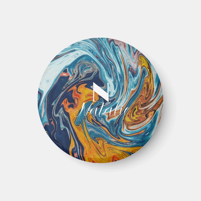 Imán Elegante Monograma de Oro Azul de Lujo (Frente)