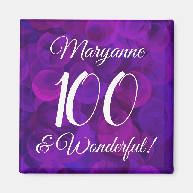 Imán Elegante morado 100 y maravilloso cumpleaños (Frente)
