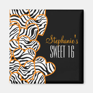 Imán Elegante Naranja Sweet 16 Zebra Heart Design Name