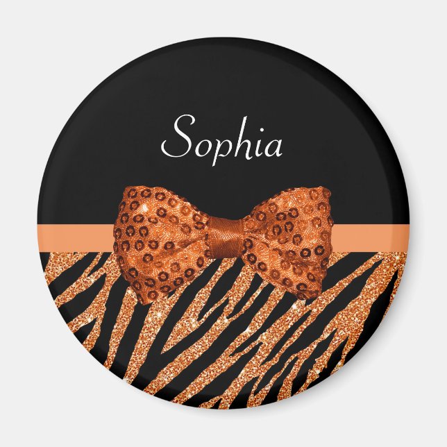 Imán Elegante Naranja Zebra Imprimir FAUX Glitz Bow y n (Frente)