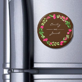 Imán Elegante nombre marrón de flores rosadas de pareja
