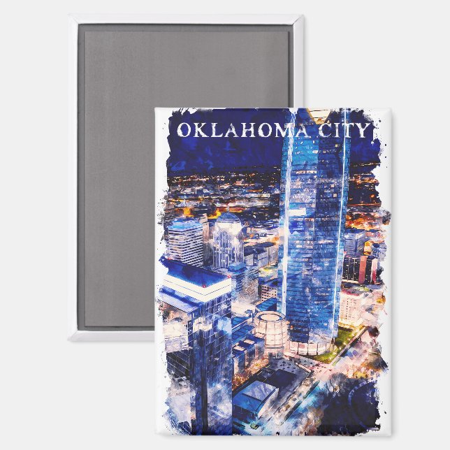 Imán Elegante Oklahoma City Night View Watercolor (Anverso/Reverso)