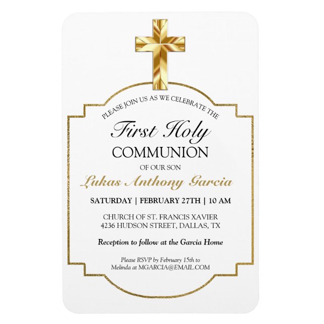 Imán Elegante Oro Primero Invitación de la Santa Comuni (Vertical)