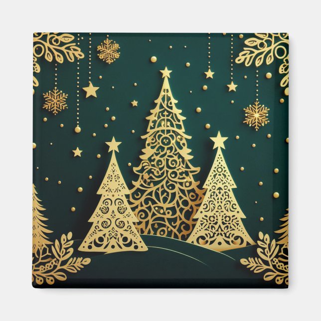 Imán Elegante patrón de árbol de Navidad dorado (Frente)
