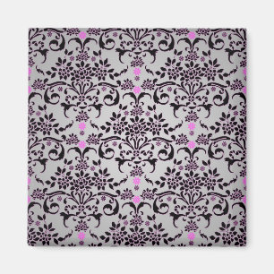 Imán Elegante Patrón de Damasco Floral Negro Plateado P
