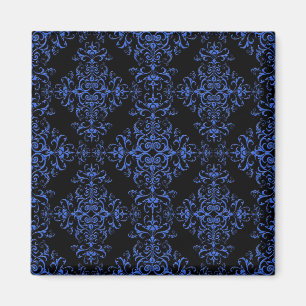 Imán Elegante patrón de estilo damasco floral azul y ne