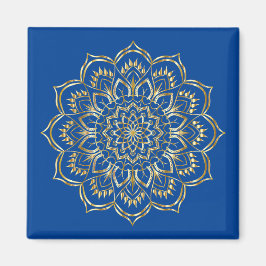 Imán Elegante patrón de Mandala floral azul y dorado