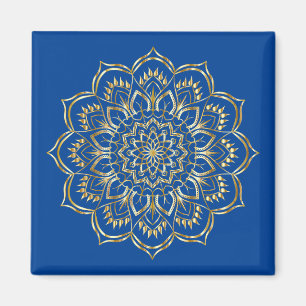 Imán Elegante patrón de Mandala floral azul y dorado