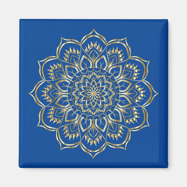 Imán Elegante patrón de Mandala floral azul y dorado (Frente)