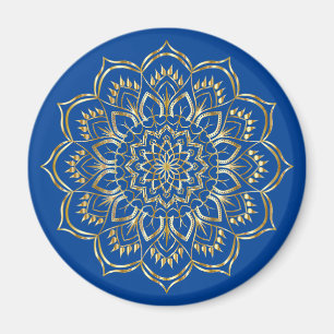 Imán Elegante patrón de Mandala floral azul y dorado