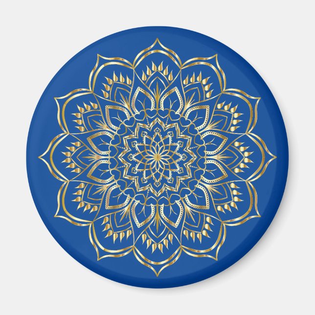 Imán Elegante patrón de Mandala floral azul y dorado (Frente)