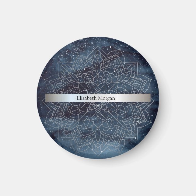 Imán Elegante plata moderna Mandala Stripe Navy azul (Frente)