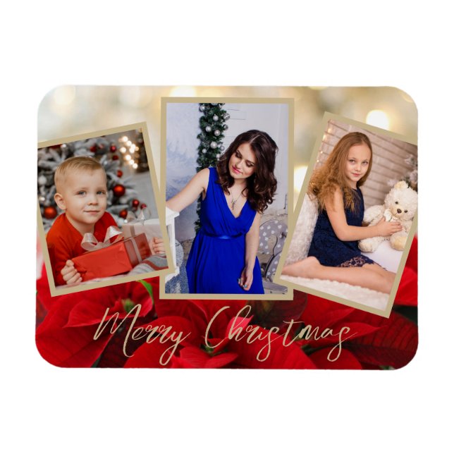 Imán Elegante Poinsettia Gold Feliz Navidad 3 Fotos (Horizontal)