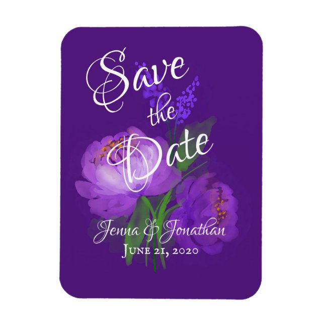 Imán Elegante Purple Floral Script Wedding Guardar la f (Vertical)