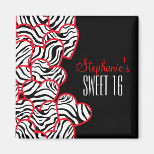 Imán Elegante Red Sweet 16 Zebra Heart Design Name