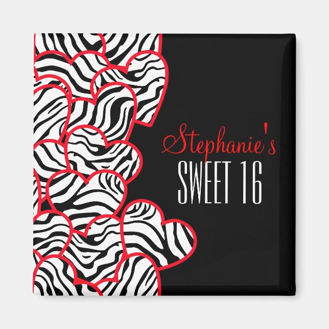 Imán Elegante Red Sweet 16 Zebra Heart Design Name (Frente)
