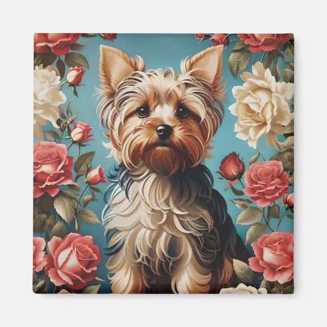 Imán Elegante Rosa de retrato de Yorkshire Terrier (Frente)